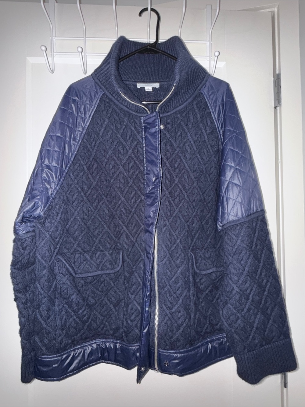 Ann Taylor Weekend Quilted Cable Knit Bomber Jacket XL Navy